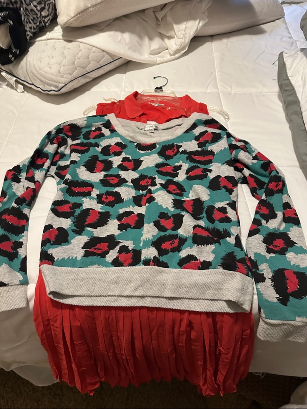 Olsenboye Teal, Red, Black Leopard Print Crewneck Sweater